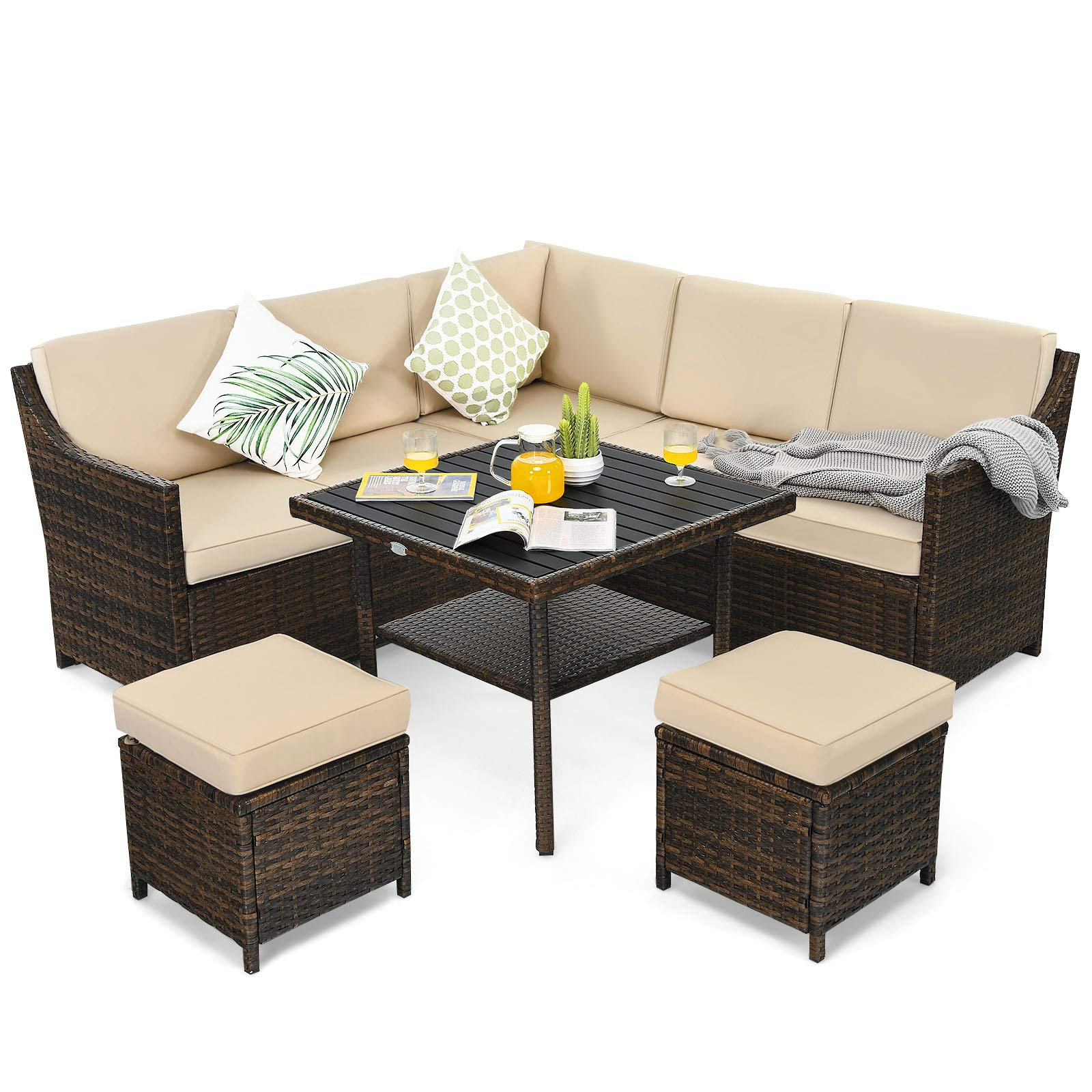 Ensemble de salle à manger d'extérieur Tangkula en osier, salon de jardin d'angle 6 pièces en rotin tressé avec table à manger, 2 poufs, convient pour le jardin